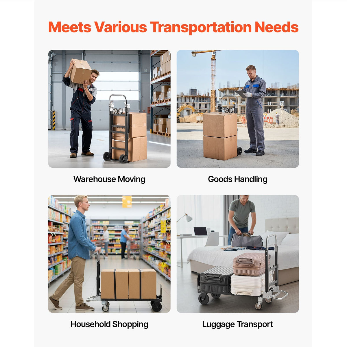 2 in 1 Folding Hand Truck, 500 lbs Load Capacity for 4-Wheel Mode, Convertible Hand Truck Dolly with Wheels & Adjustable Handle, Portable Trolley Dolly for Moving Home, Office, Warehouse