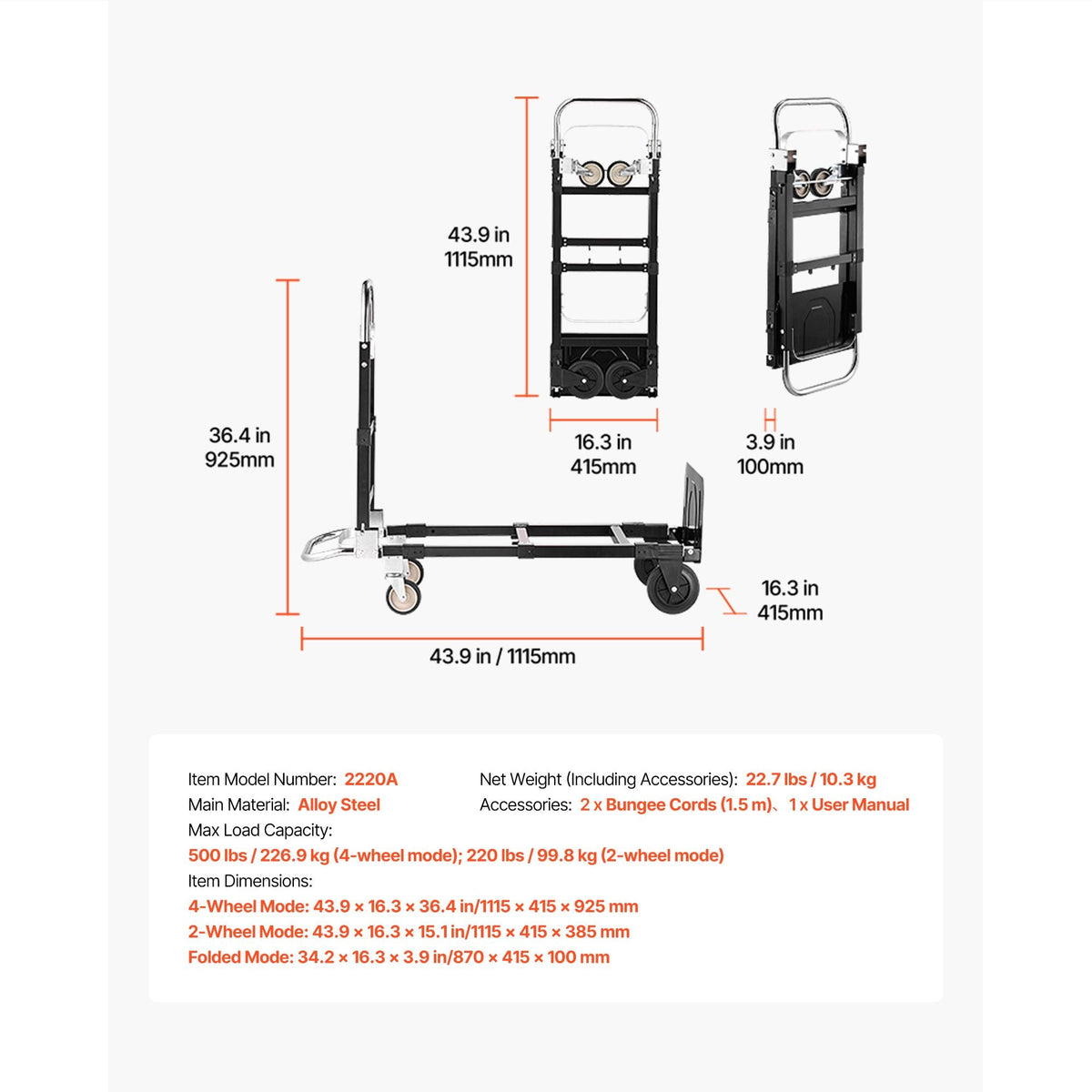 2 in 1 Folding Hand Truck, 500 lbs Load Capacity for 4-Wheel Mode, Convertible Hand Truck Dolly with Wheels & Adjustable Handle, Portable Trolley Dolly for Moving Home, Office, Warehouse