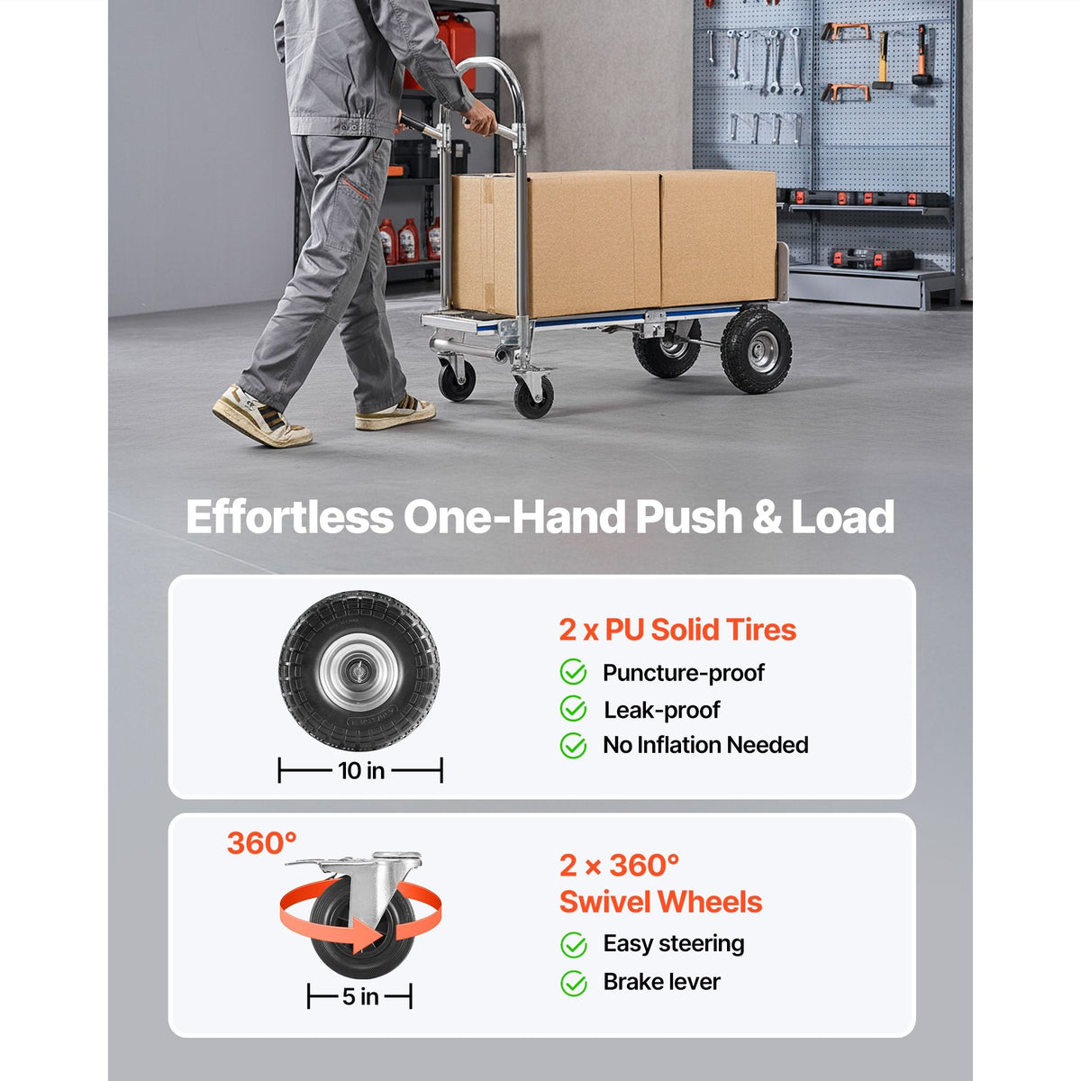 2 in 1 Hand Truck, 1000 lbs Load Capacity for 4-Wheel Mode, Convertible Hand Truck Dolly with Non-Slip Handle & Wheels, Portable Trolley Dolly for Moving Home, Office, Warehouse, Supermarket