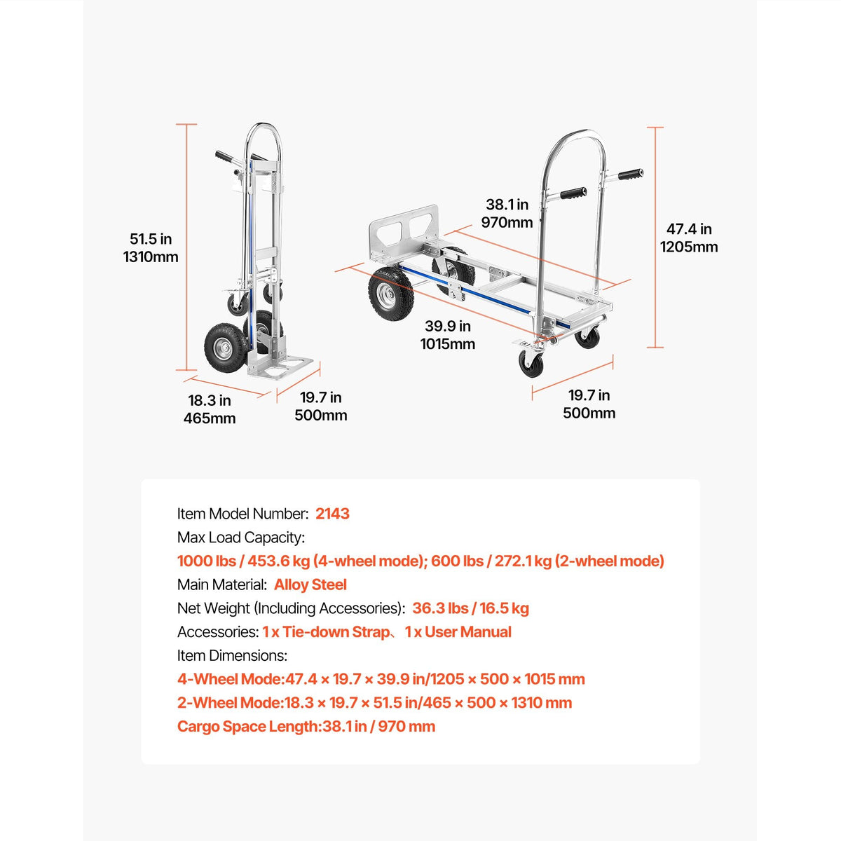 2 in 1 Hand Truck, 1000 lbs Load Capacity for 4-Wheel Mode, Convertible Hand Truck Dolly with Non-Slip Handle & Wheels, Portable Trolley Dolly for Moving Home, Office, Warehouse, Supermarket