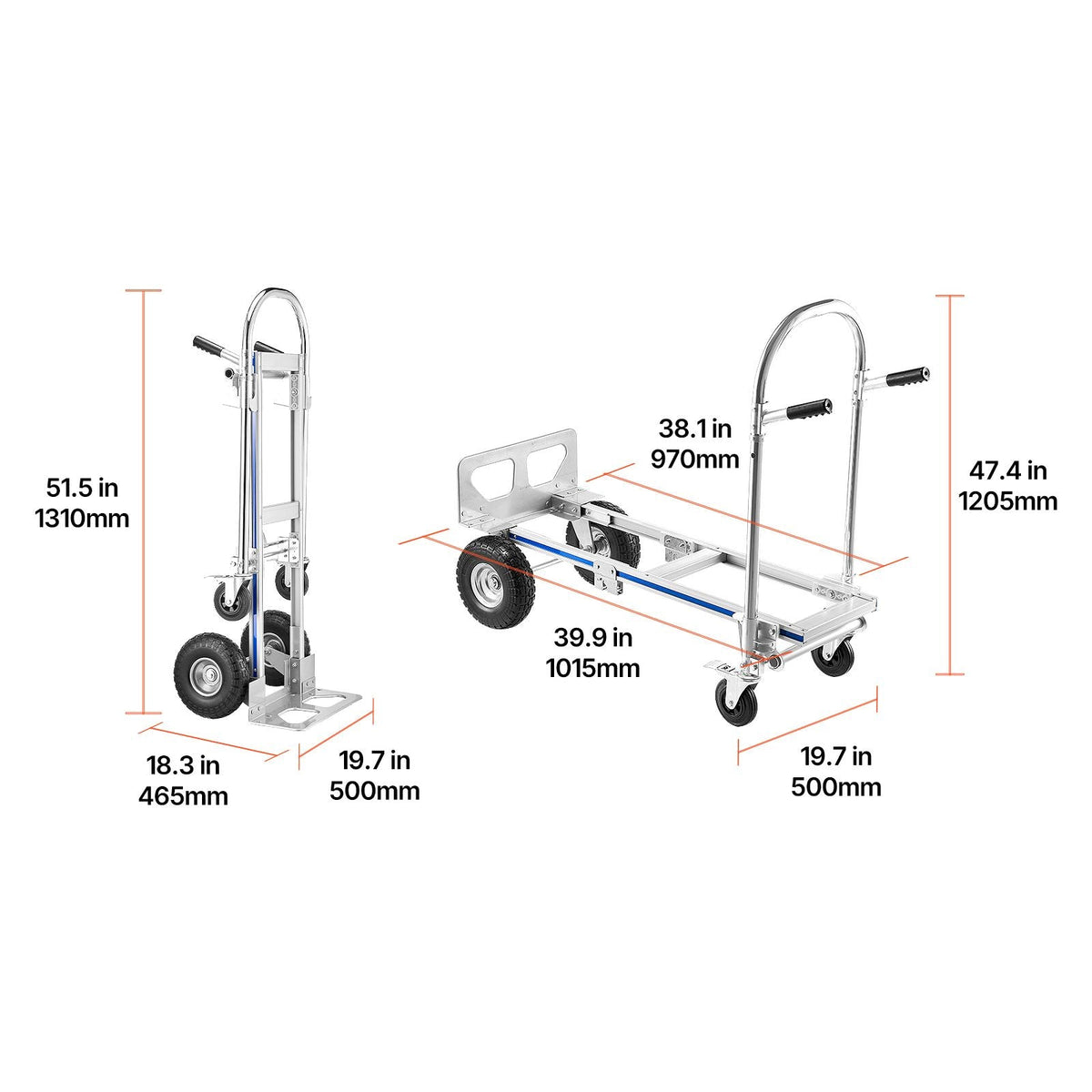 2 in 1 Hand Truck, 1000 lbs Load Capacity for 4-Wheel Mode, Convertible Hand Truck Dolly with Non-Slip Handle & Wheels, Portable Trolley Dolly for Moving Home, Office, Warehouse, Supermarket