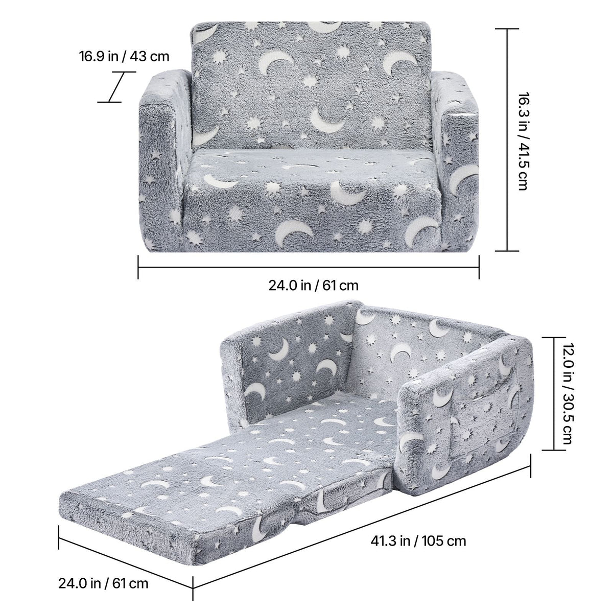 2-in-1 Kids Sofa, Foldable Toddler Soft Couch with Armrests, Glow in the Dark Kids Couch Fold Out with 28D Sponge & Flannel, Convertible Toddler Chair to Lounger for Reading and Gaming, M, Gray