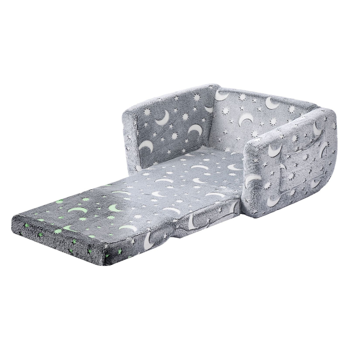2-in-1 Kids Sofa, Foldable Toddler Soft Couch with Armrests, Glow in the Dark Kids Couch Fold Out with 28D Sponge & Flannel, Convertible Toddler Chair to Lounger for Reading and Gaming, M, Gray