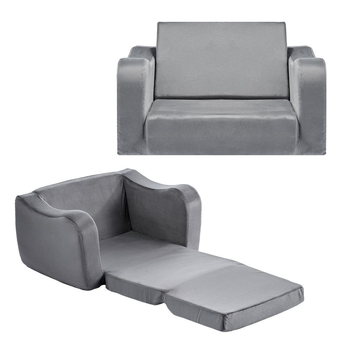 2-in-1 Kids Sofa, Foldable Toddler Soft Couch with Armrests, Made of 28D Sponge & Short Pile, Convertible Toddler Chair to Lounger, Kid Couch Fold Out for Fun Playtime or Comfy Lounging, M, Gray