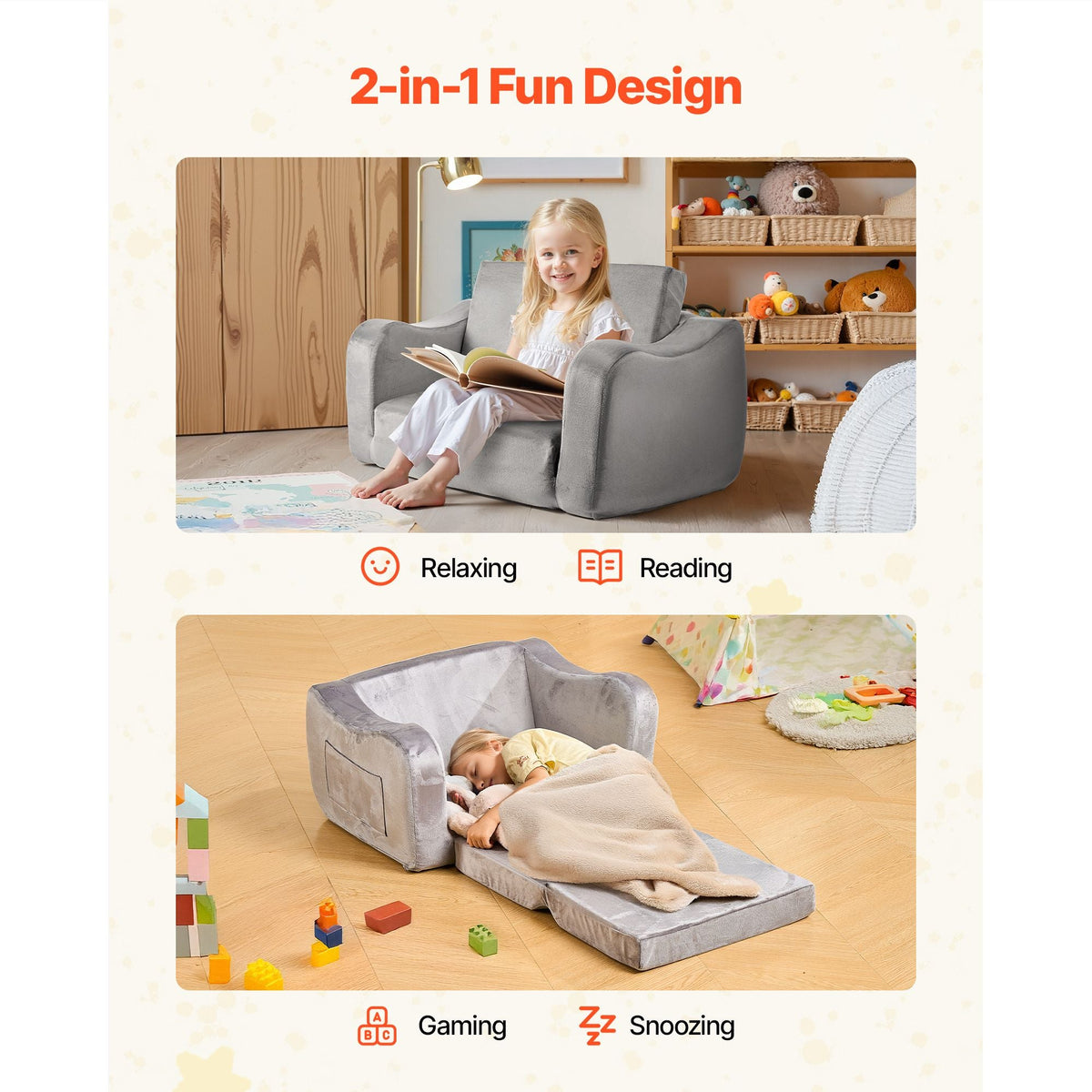 2-in-1 Kids Sofa, Foldable Toddler Soft Couch with Armrests, Made of 28D Sponge & Short Pile, Convertible Toddler Chair to Lounger, Kid Couch Fold Out for Fun Playtime or Comfy Lounging, M, Gray