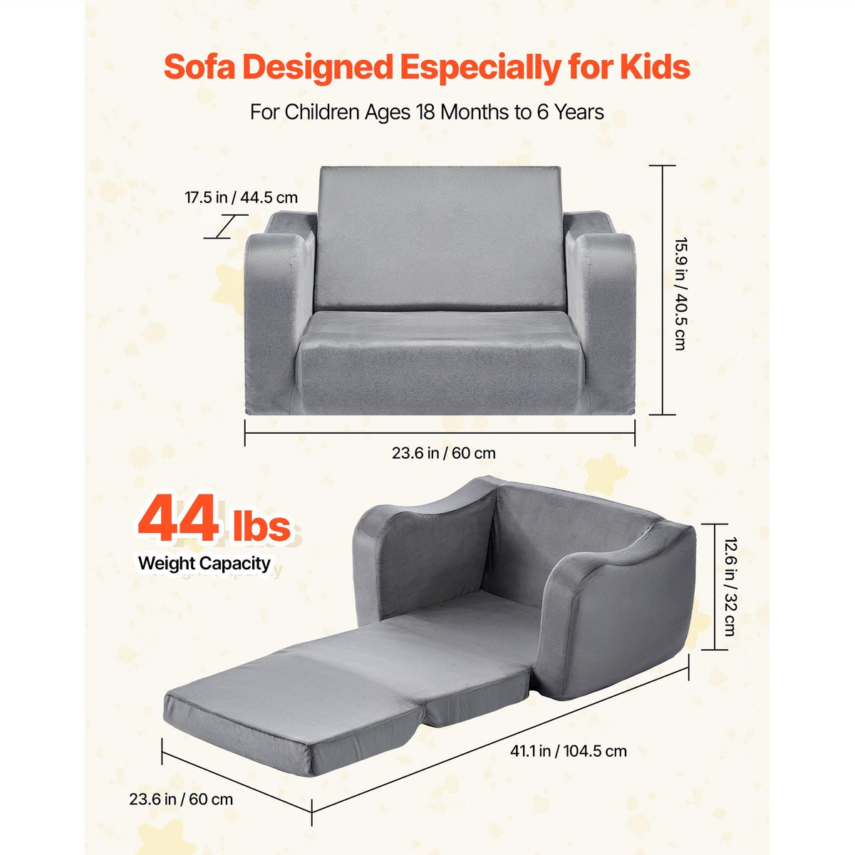2-in-1 Kids Sofa, Foldable Toddler Soft Couch with Armrests, Made of 28D Sponge & Short Pile, Convertible Toddler Chair to Lounger, Kid Couch Fold Out for Fun Playtime or Comfy Lounging, M, Gray
