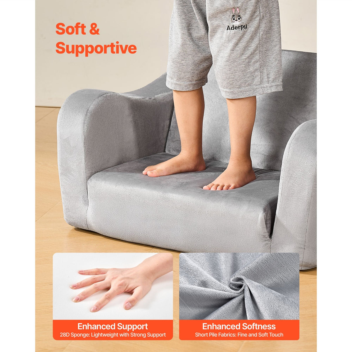 2-in-1 Kids Sofa, Foldable Toddler Soft Couch with Armrests, Made of 28D Sponge & Short Pile, Convertible Toddler Chair to Lounger, Kid Couch Fold Out for Fun Playtime or Comfy Lounging, M, Gray