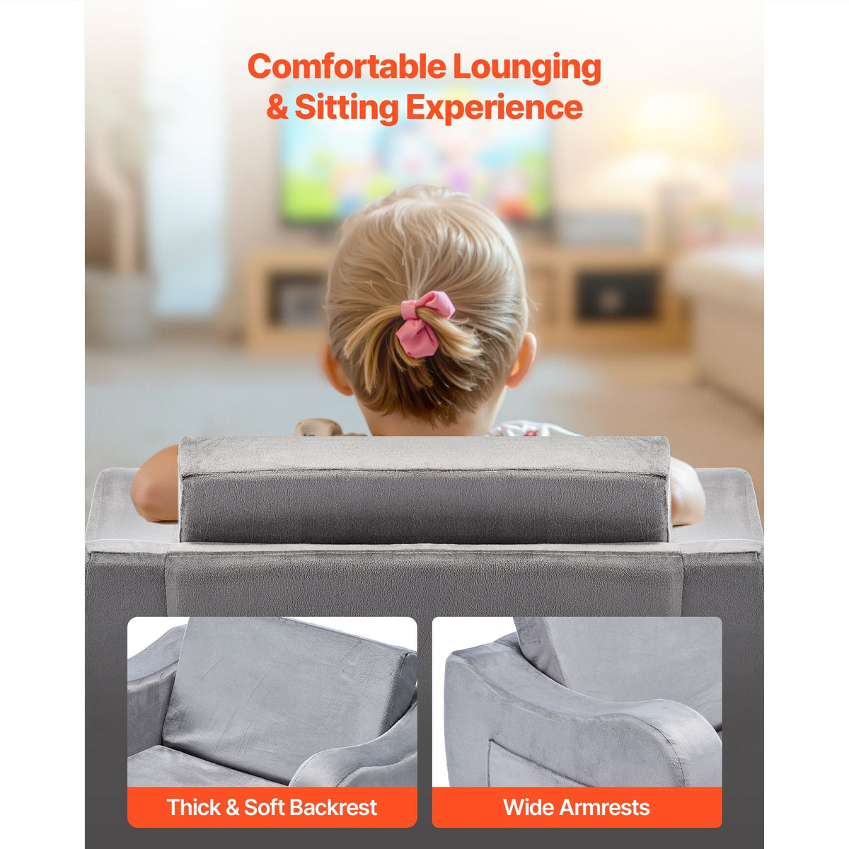 2-in-1 Kids Sofa, Foldable Toddler Soft Couch with Armrests, Made of 28D Sponge & Short Pile, Convertible Toddler Chair to Lounger, Kid Couch Fold Out for Fun Playtime or Comfy Lounging, M, Gray