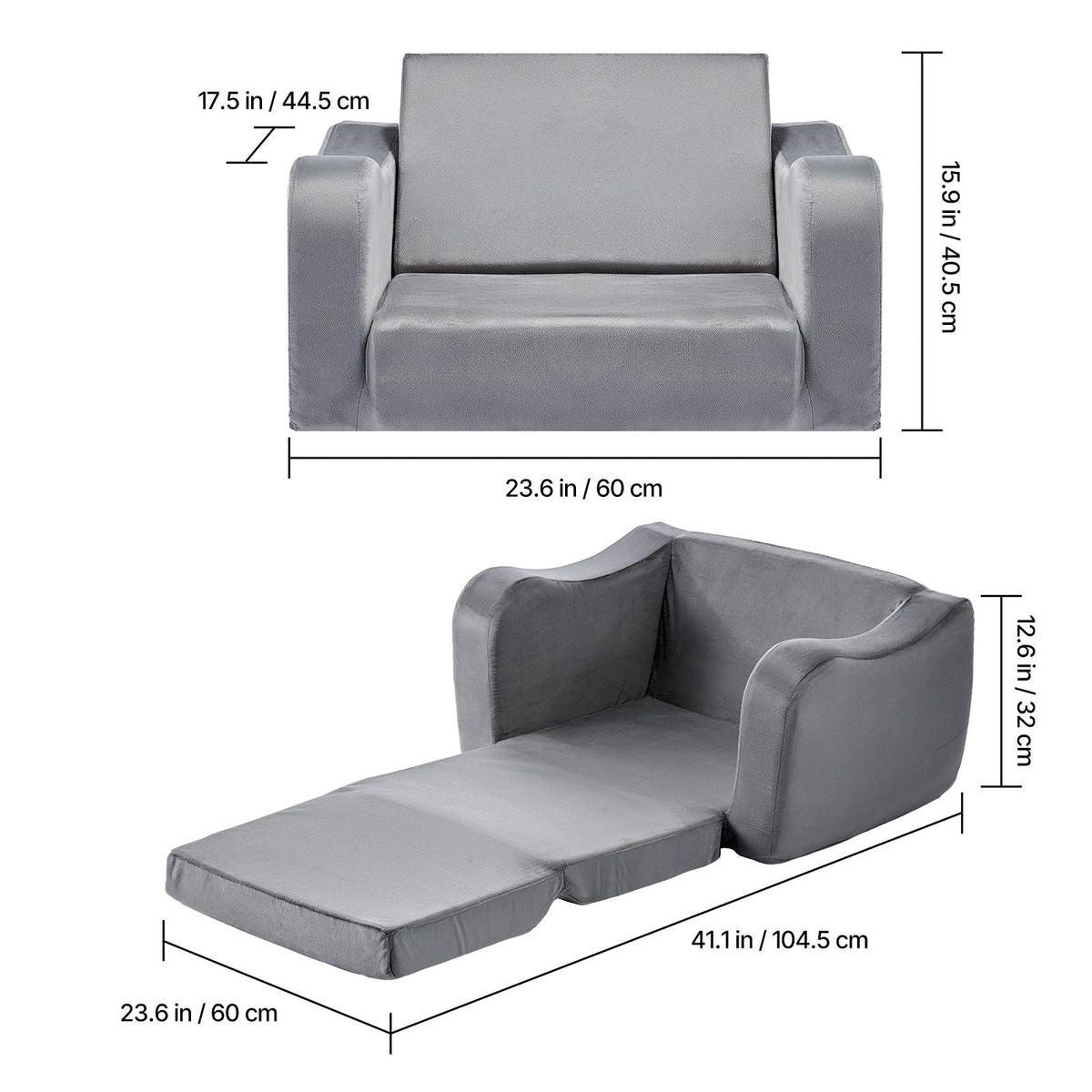 2-in-1 Kids Sofa, Foldable Toddler Soft Couch with Armrests, Made of 28D Sponge & Short Pile, Convertible Toddler Chair to Lounger, Kid Couch Fold Out for Fun Playtime or Comfy Lounging, M, Gray