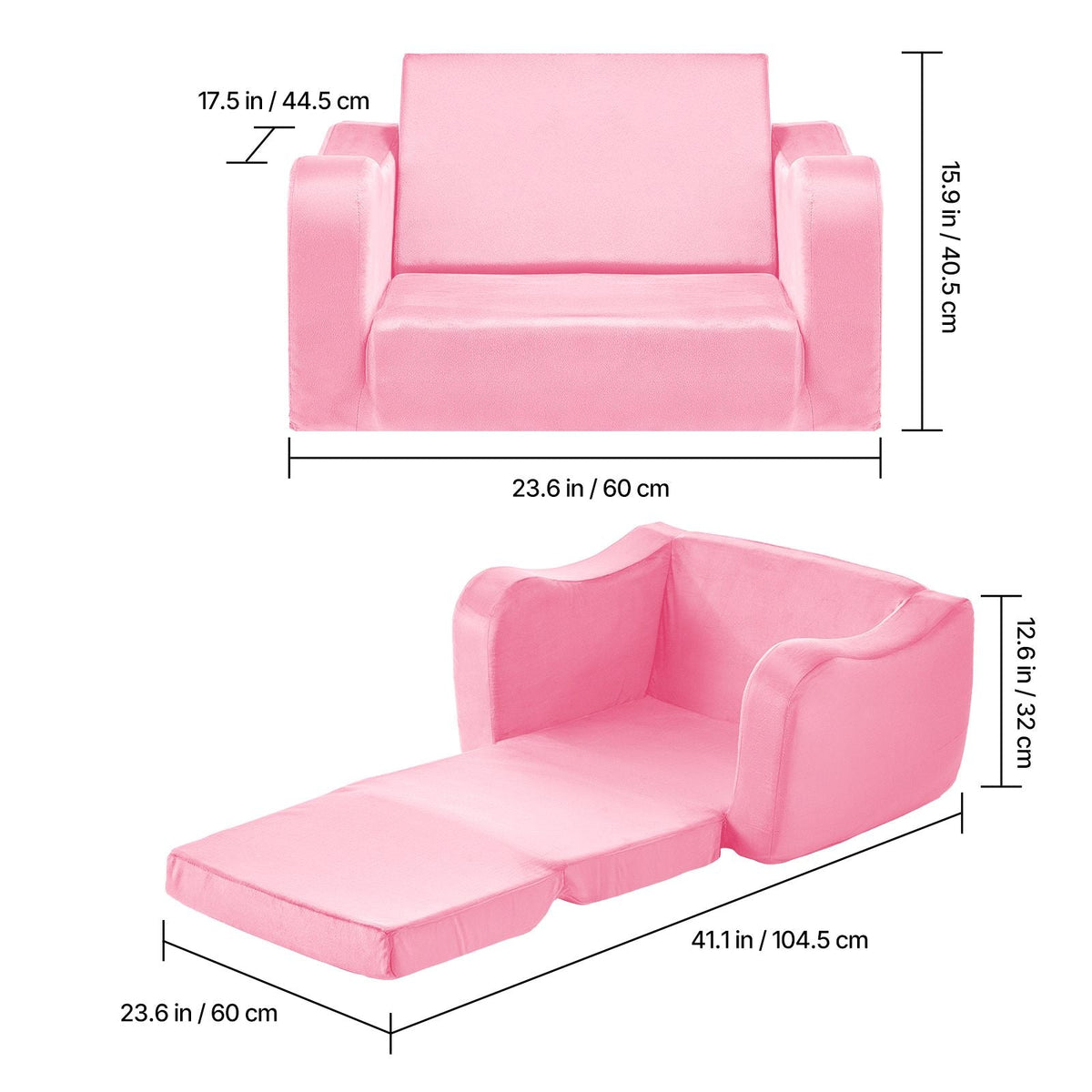 2-in-1 Kids Sofa, Foldable Toddler Soft Couch with Armrests, Made of 28D Sponge & Short Pile, Convertible Toddler Chair to Lounger, Kid Couch Fold Out for Fun Playtime or Comfy Lounging, M, Pink