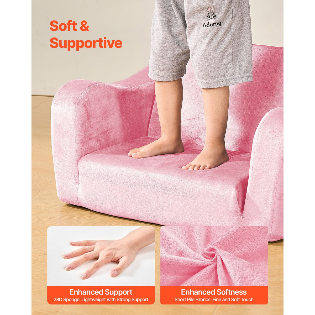 2-in-1 Kids Sofa, Foldable Toddler Soft Couch with Armrests, Made of 28D Sponge & Short Pile, Convertible Toddler Chair to Lounger, Kid Couch Fold Out for Fun Playtime or Comfy Lounging, M, Pink