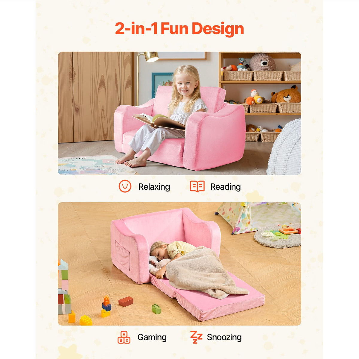 2-in-1 Kids Sofa, Foldable Toddler Soft Couch with Armrests, Made of 28D Sponge & Short Pile, Convertible Toddler Chair to Lounger, Kid Couch Fold Out for Fun Playtime or Comfy Lounging, M, Pink