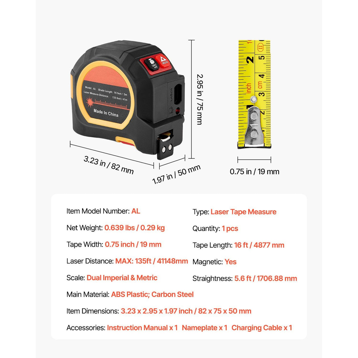 2-in-1 Laser Tape Measure, 135Ft Rechargeable Laser Measurement Tool & 16Ft Measuring Tape with Magnetic, 4 Modes-Length, Area, Volume, Continuous,ft/in/m/ft+in Unit,for Outdoor,Decoration