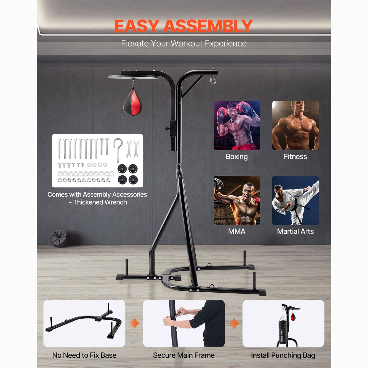 2 in 1 Punching Bag Stand, Steel Heavy Duty Workout Equipment, Adjustable Height Boxing Punching Bag and Speed Bag Stand, Freestanding Sandbag Rack, Holds Up to 140 lbs, for Home Gym Fitness