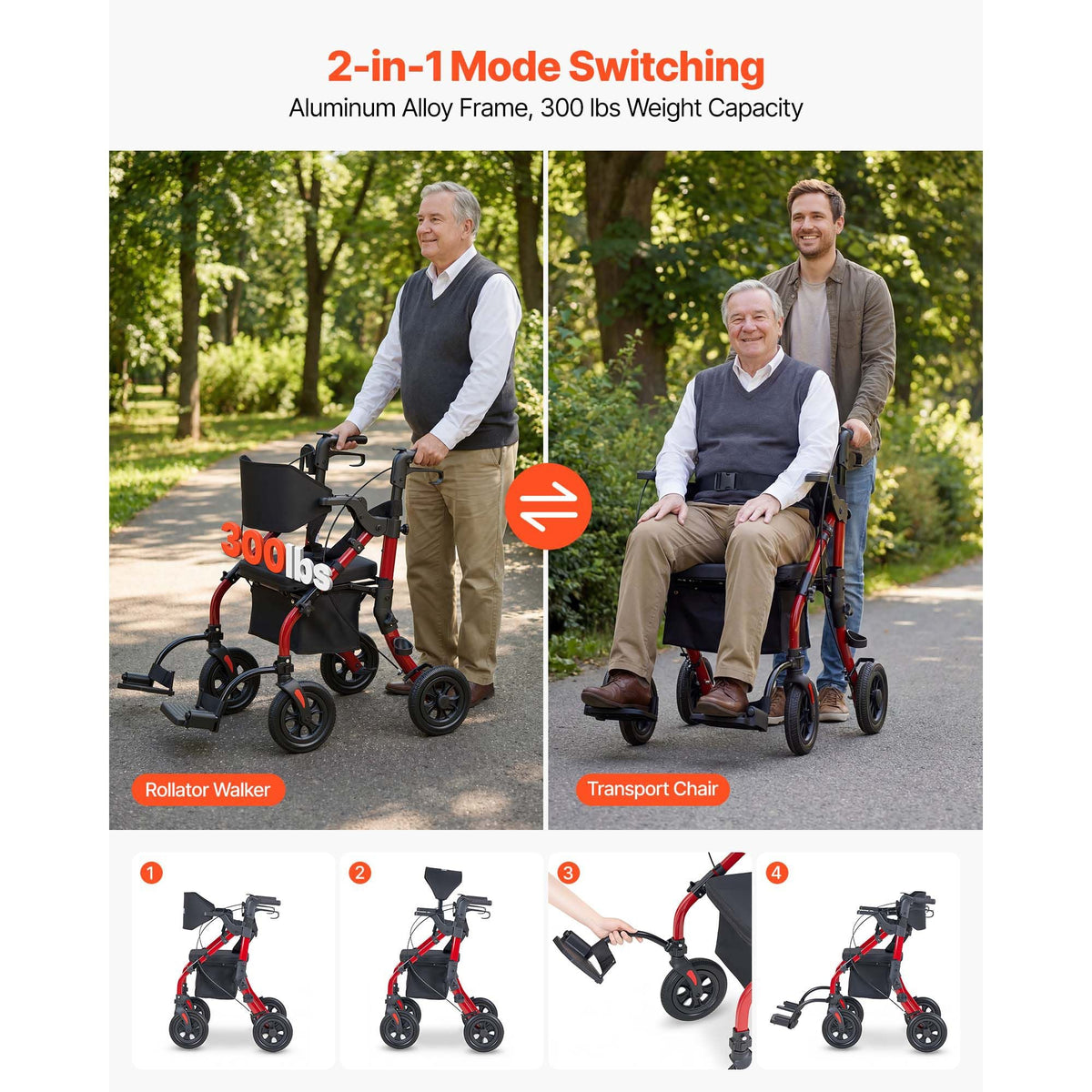 2-in-1 Rollator Walker & Transport Chair for Seniors, Foldable Rolling Walker Wheelchair, Lightweight Aluminum Mobility Walking Aid with Solid PU Wheels, Cup & Cane Holder - Supports 300LBS