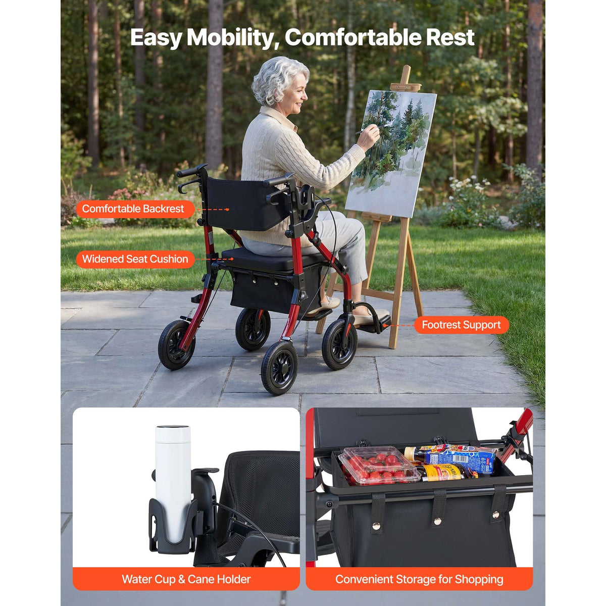 2-in-1 Rollator Walker & Transport Chair for Seniors, Foldable Rolling Walker Wheelchair, Lightweight Aluminum Mobility Walking Aid with Solid PU Wheels, Cup & Cane Holder - Supports 300LBS