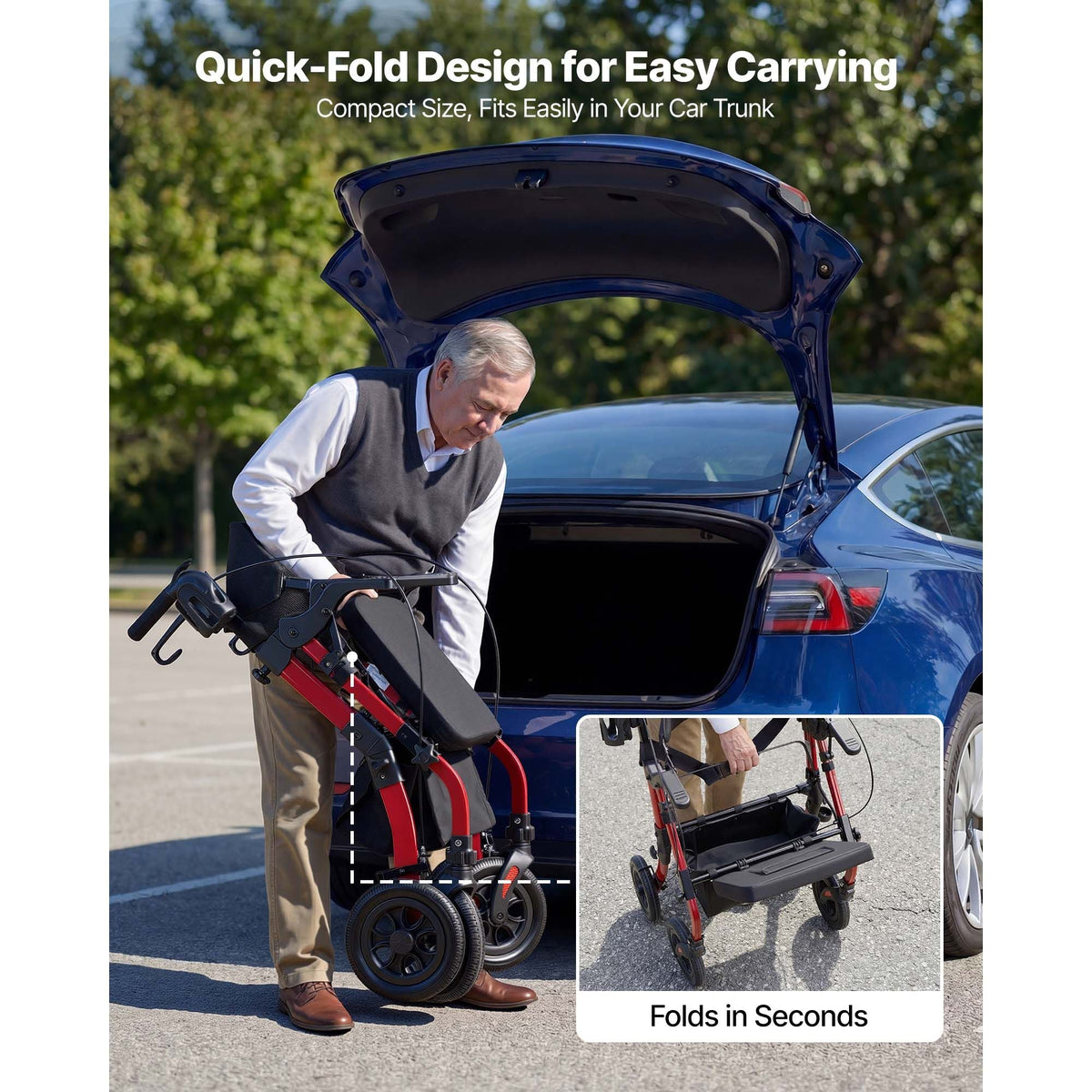2-in-1 Rollator Walker & Transport Chair for Seniors, Foldable Rolling Walker Wheelchair, Lightweight Aluminum Mobility Walking Aid with Solid PU Wheels, Cup & Cane Holder - Supports 300LBS