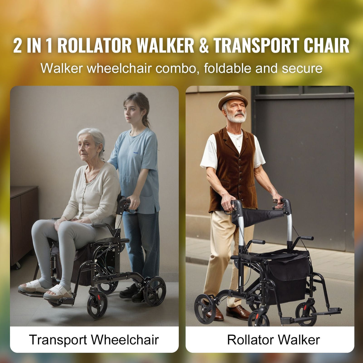 2 in 1 Rollator Walker & Transport Chair for Seniors, Folding Rolling Walker Wheelchair Combo & Footrests, Lightweight Aluminum Mobility Walker with Adjustable Handle, All Terrain Wheels, 300LBS