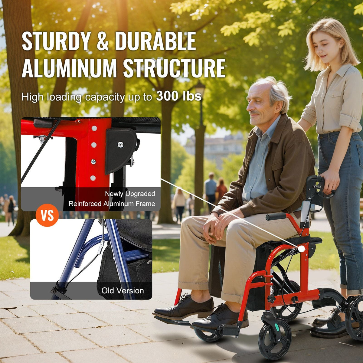 2 in 1 Rollator Walker & Transport Chair for Seniors, Folding Rolling Walker Wheelchair Combo & Footrests, Lightweight Aluminum Mobility Walker with Adjustable Handle, All Terrain Wheels, 300LBS