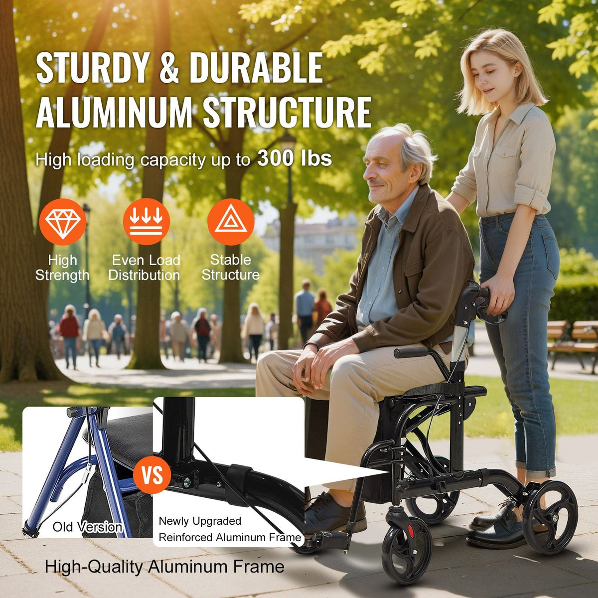 2 in 1 Rollator Walker & Transport Chair for Seniors, Folding Rolling Walker Wheelchair Combo & Footrests, Lightweight Aluminum Mobility Walker with Adjustable Handle, All Terrain Wheels, 300LBS