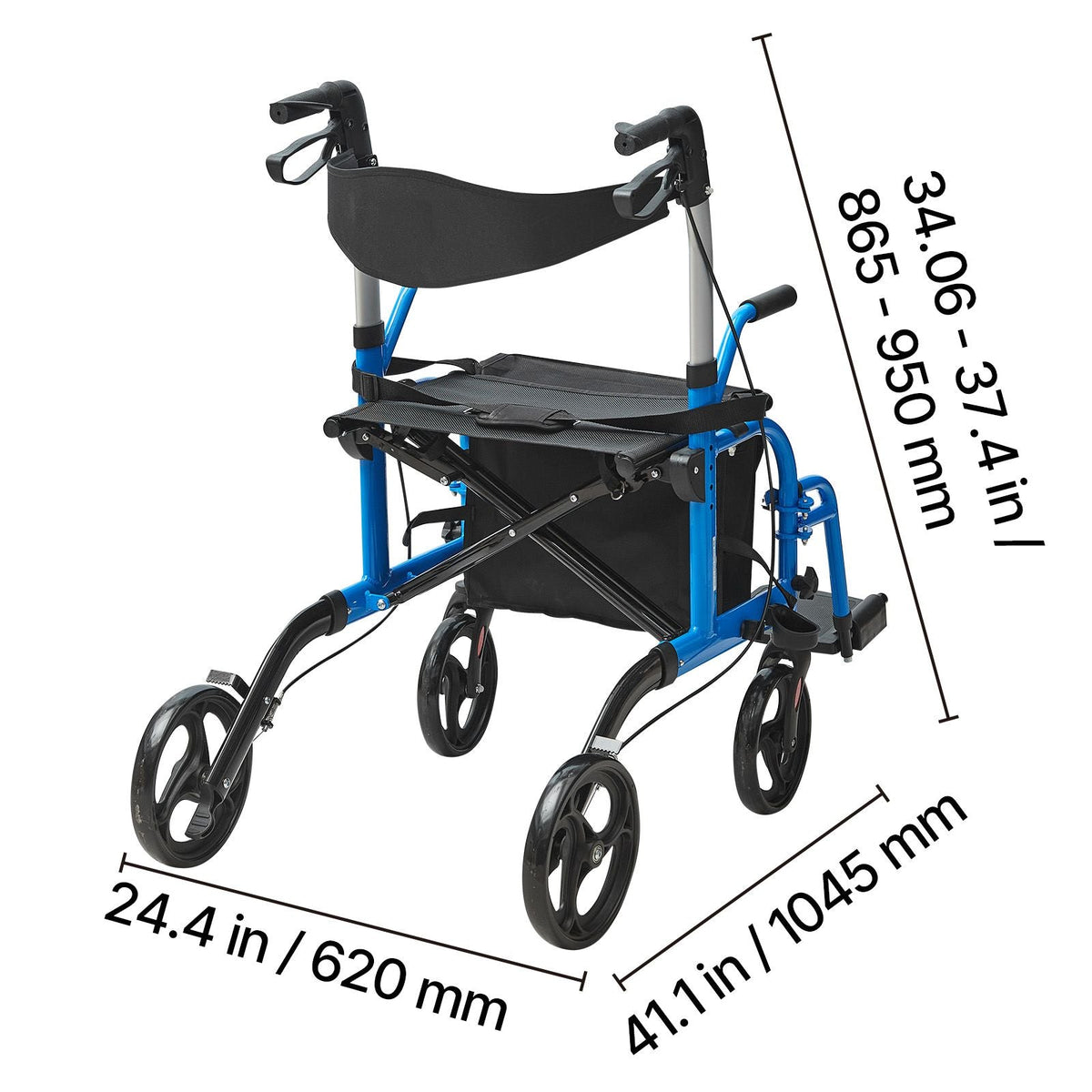 2 in 1 Rollator Walker & Transport Chair for Seniors, Folding Rolling Walker Wheelchair Combo & Footrests, Lightweight Aluminum Mobility Walker with Adjustable Handle, All Terrain Wheels, 300LBS