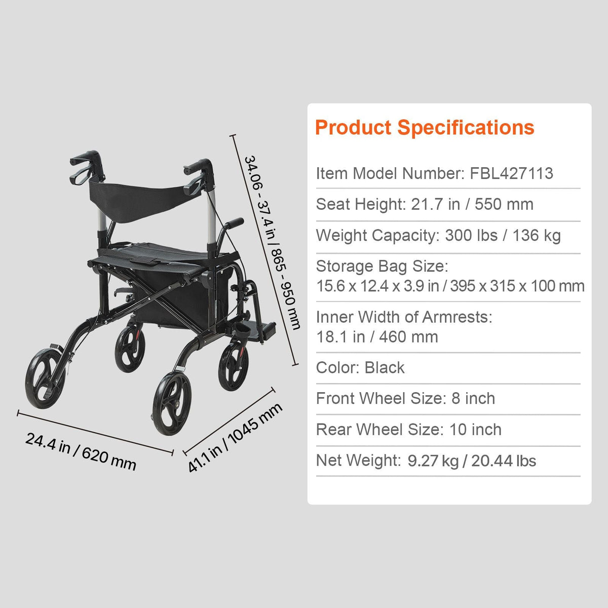 2 in 1 Rollator Walker & Transport Chair for Seniors, Folding Rolling Walker Wheelchair Combo & Footrests, Lightweight Aluminum Mobility Walker with Adjustable Handle, All Terrain Wheels, 300LBS