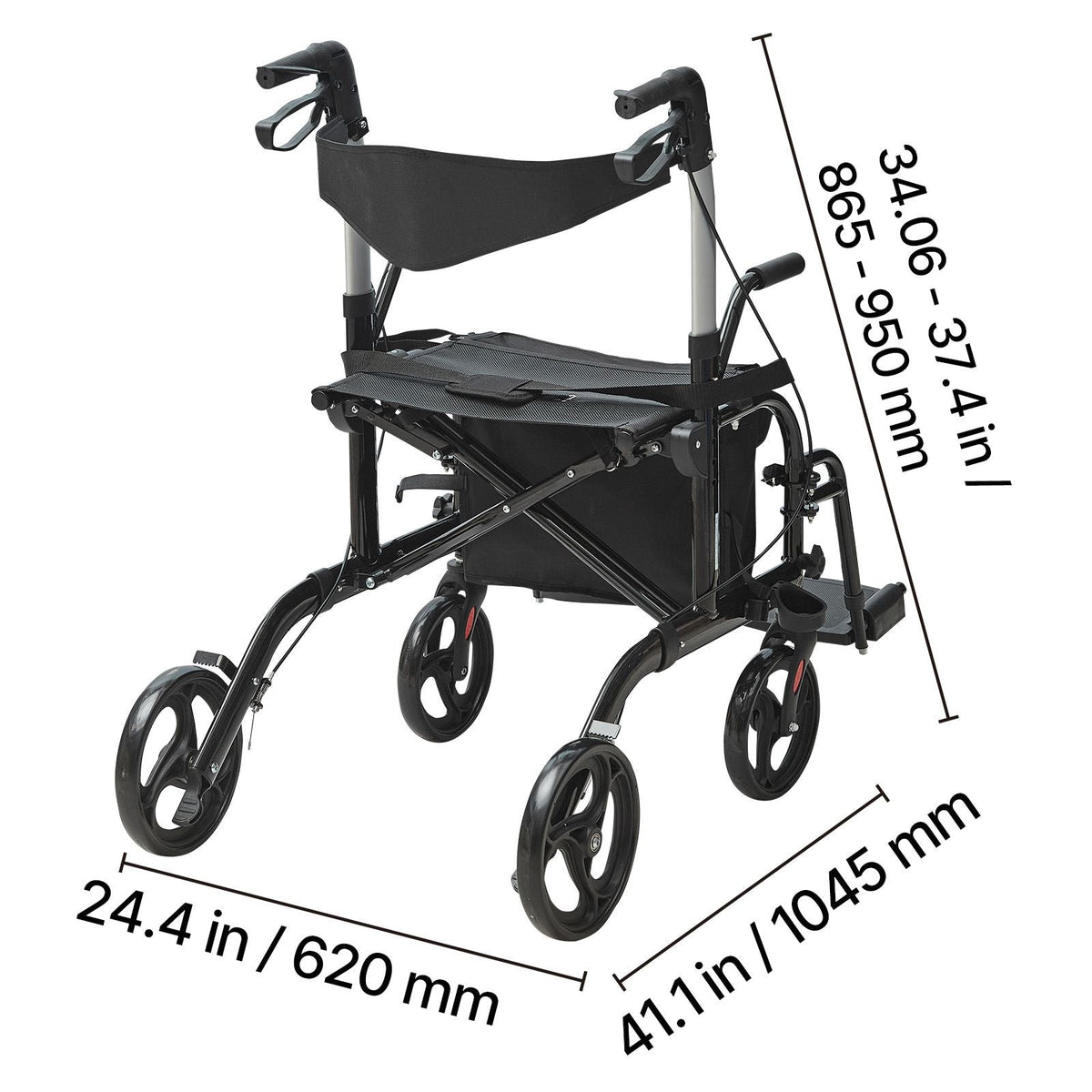 2 in 1 Rollator Walker & Transport Chair for Seniors, Folding Rolling Walker Wheelchair Combo & Footrests, Lightweight Aluminum Mobility Walker with Adjustable Handle, All Terrain Wheels, 300LBS
