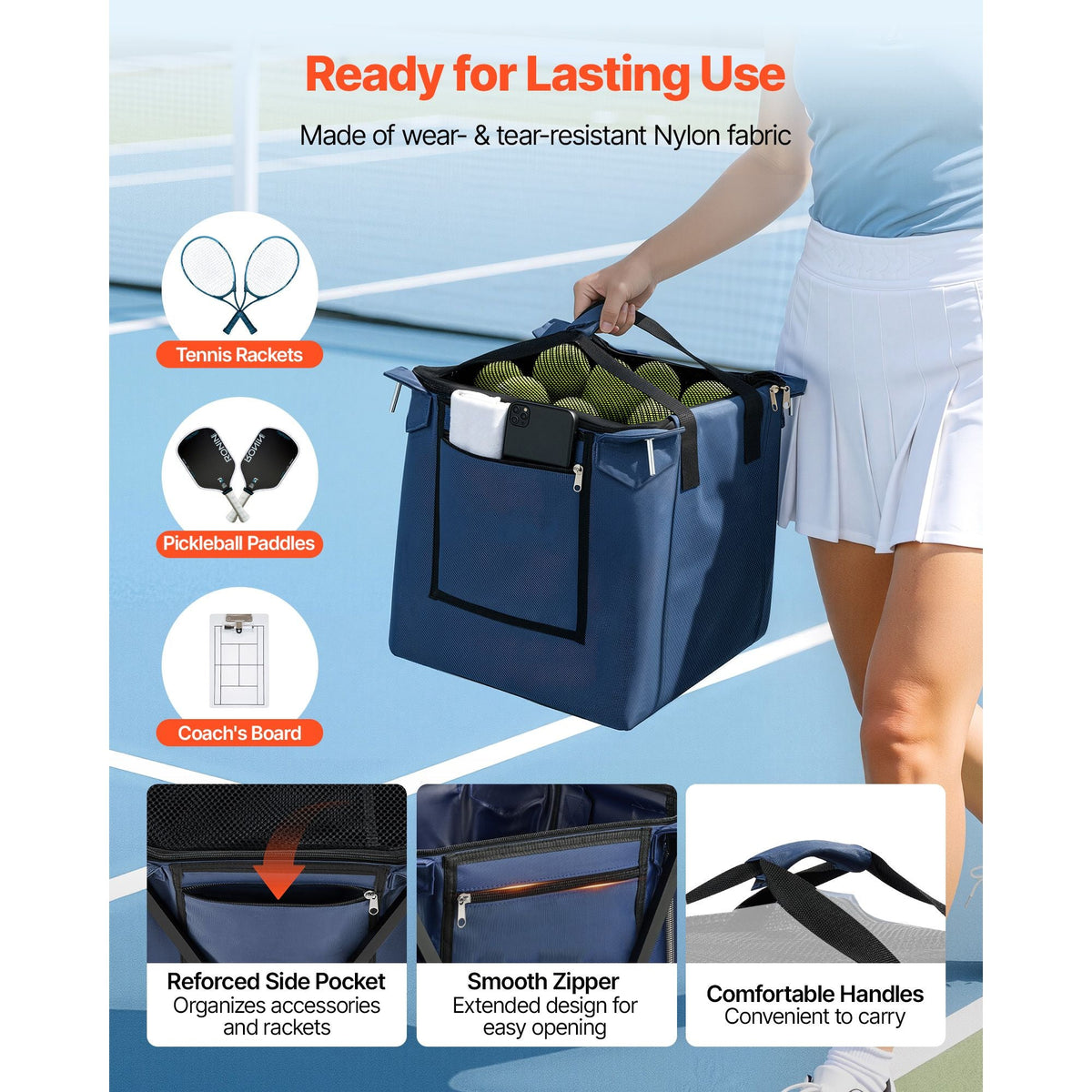 2-in-1 Tennis & Pickleball Hopper, with Pickup Tube, Foldable Pickleball Basket Cart with with Wheels, Holds 150 Tennis Balls or 260 Pickleballs, Portable Pickleball Caddy Holder, for Training