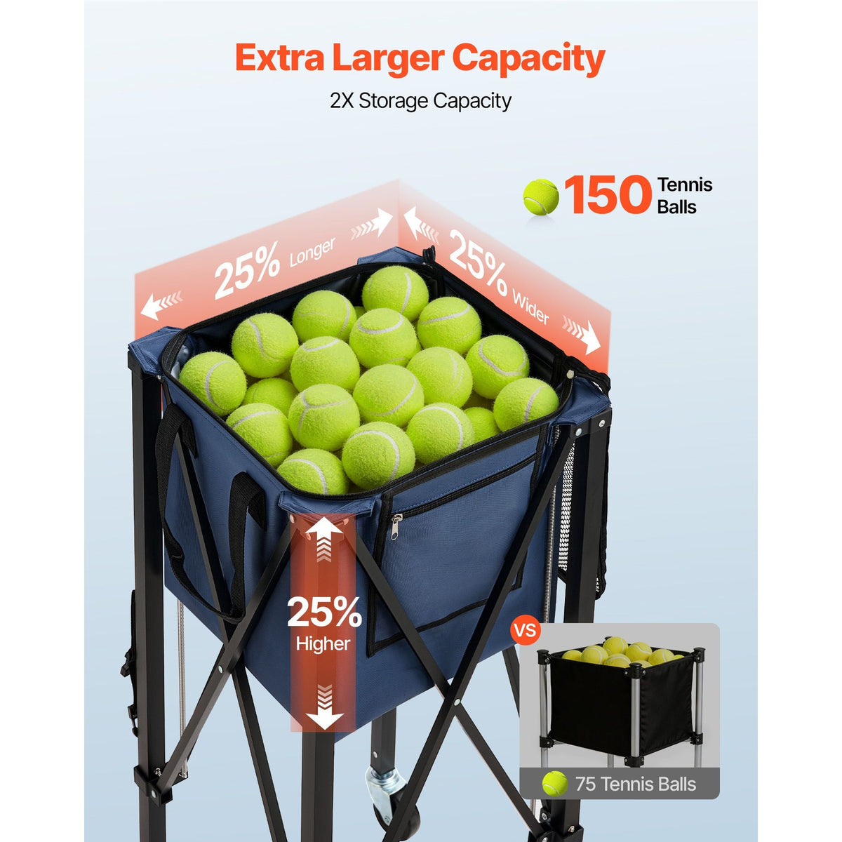 2-in-1 Tennis & Pickleball Hopper, with Pickup Tube, Foldable Pickleball Basket Cart with with Wheels, Holds 150 Tennis Balls or 260 Pickleballs, Portable Pickleball Caddy Holder, for Training