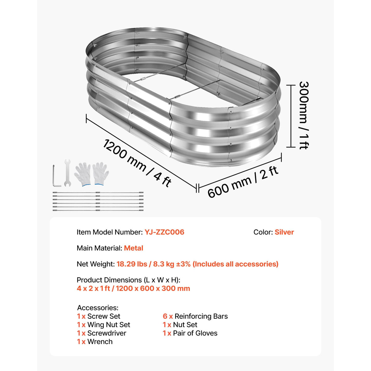 2 Pack Galvanized Raised Garden Beds, 4 x 2 x 1 ft, Oval Metal Planter Boxes Kit Outdoor, Bottomless Elevated Garden Box with Gloves, Alu-Zinc, for Planting Flowers Fruits Vegetables, Silver