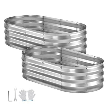 2 Pack Galvanized Raised Garden Beds, 4 x 2 x 1 ft, Oval Metal Planter Boxes Kit Outdoor, Bottomless Elevated Garden Box with Gloves, Alu-Zinc, for Planting Flowers Fruits Vegetables, Silver