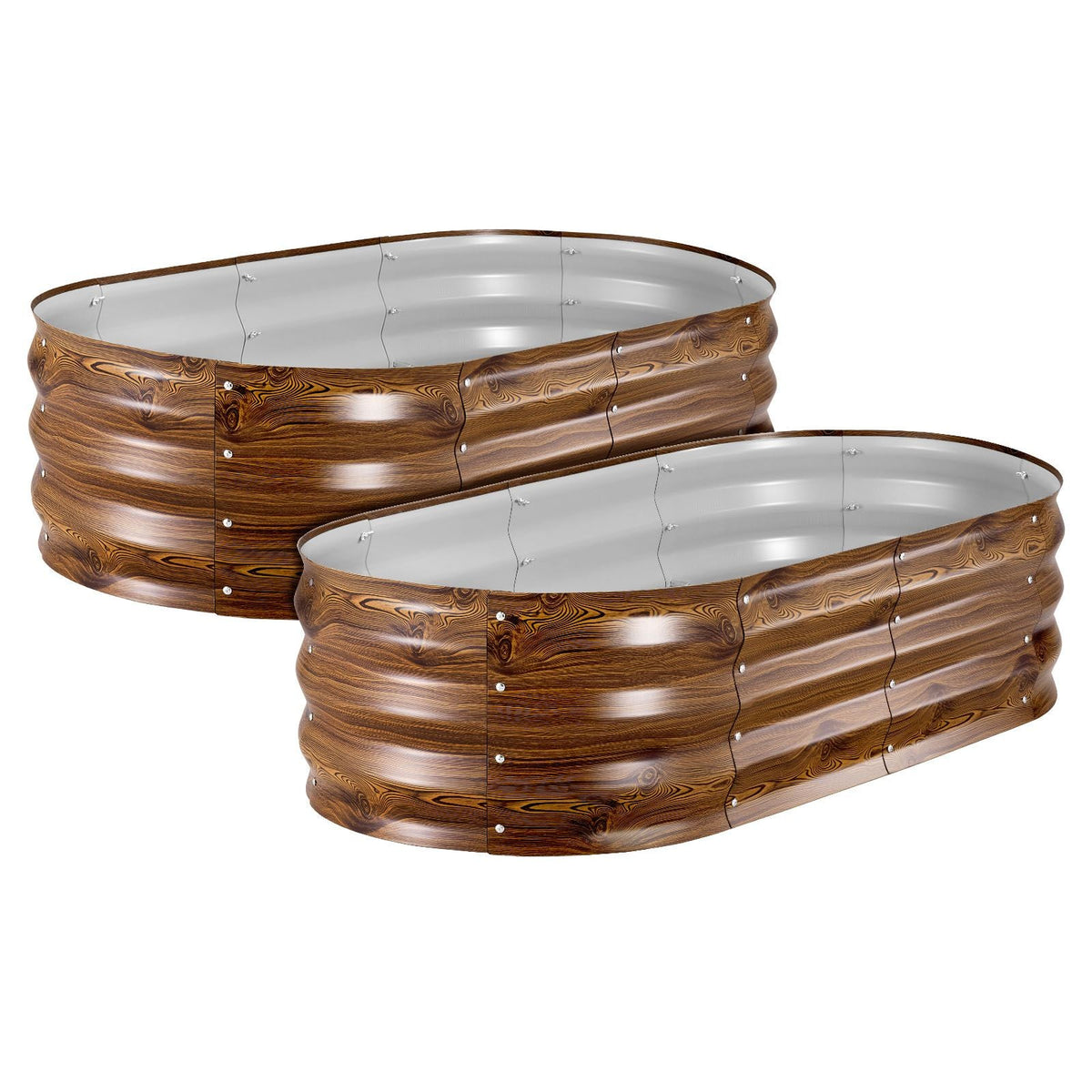 2 Pack Galvanized Raised Garden Beds, 4 x 2 x 1 ft, Oval Metal Planter Boxes Kit Outdoor, Bottomless Elevated Garden Box with Gloves, Alu-Zinc, for Planting Flowers Vegetables, Deep Wood Grain