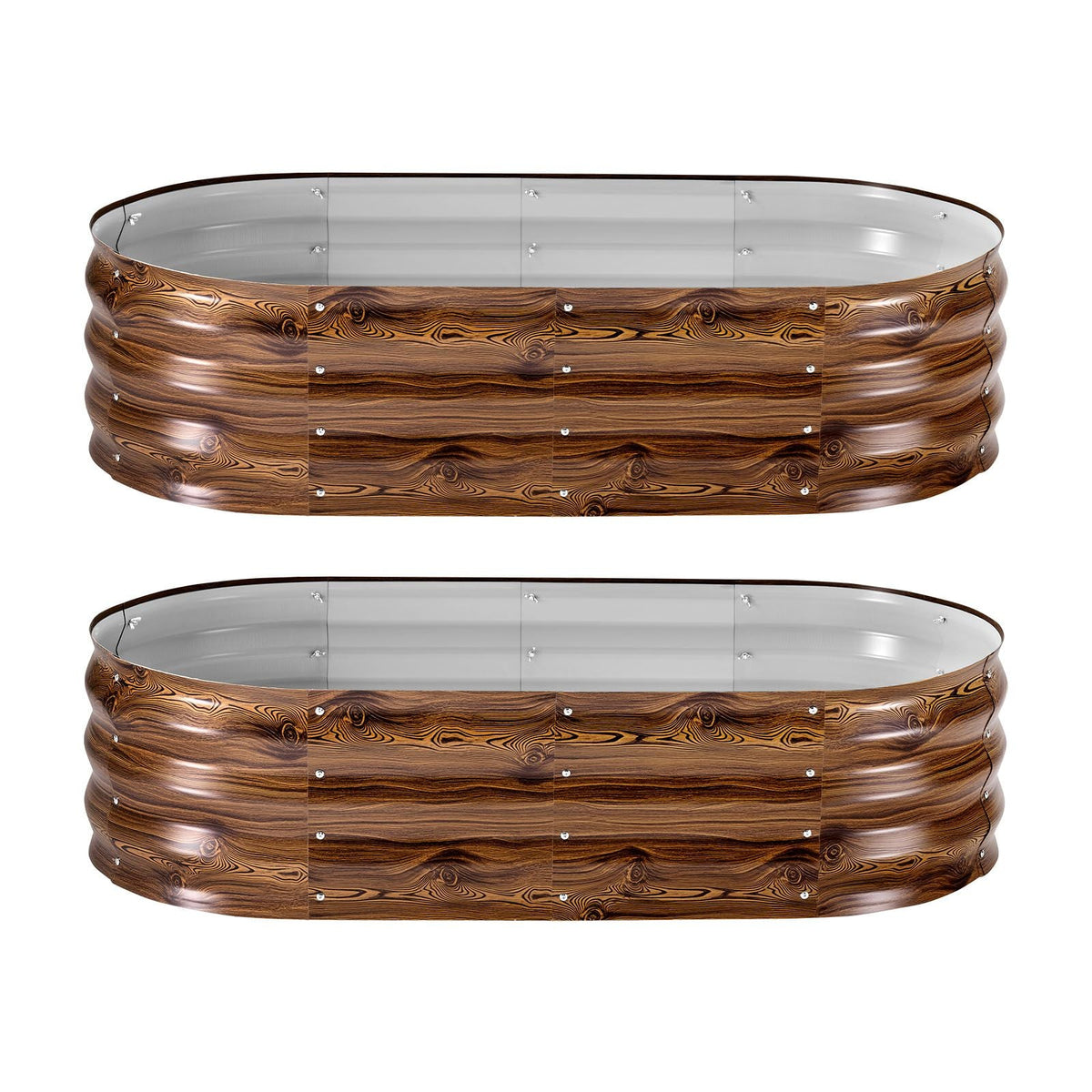 2 Pack Galvanized Raised Garden Beds, 4 x 2 x 1 ft, Oval Metal Planter Boxes Kit Outdoor, Bottomless Elevated Garden Box with Gloves, Alu-Zinc, for Planting Flowers Vegetables, Deep Wood Grain