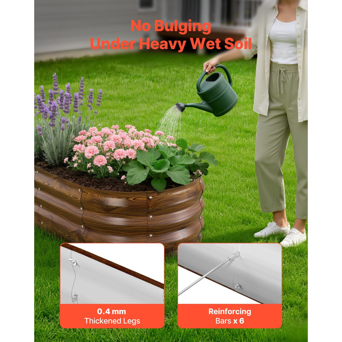 2 Pack Galvanized Raised Garden Beds, 4 x 2 x 1 ft, Oval Metal Planter Boxes Kit Outdoor, Bottomless Elevated Garden Box with Gloves, Alu-Zinc, for Planting Flowers Vegetables, Deep Wood Grain