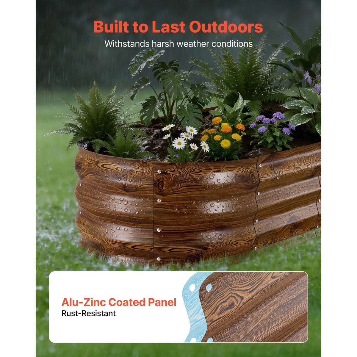 2 Pack Galvanized Raised Garden Beds, 4 x 2 x 1 ft, Oval Metal Planter Boxes Kit Outdoor, Bottomless Elevated Garden Box with Gloves, Alu-Zinc, for Planting Flowers Vegetables, Deep Wood Grain