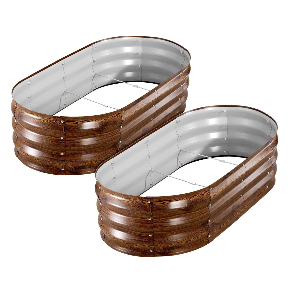 2 Pack Galvanized Raised Garden Beds, 4 x 2 x 1 ft, Oval Metal Planter Boxes Kit Outdoor, Bottomless Elevated Garden Box with Gloves, Alu-Zinc, for Planting Flowers Vegetables, Deep Wood Grain