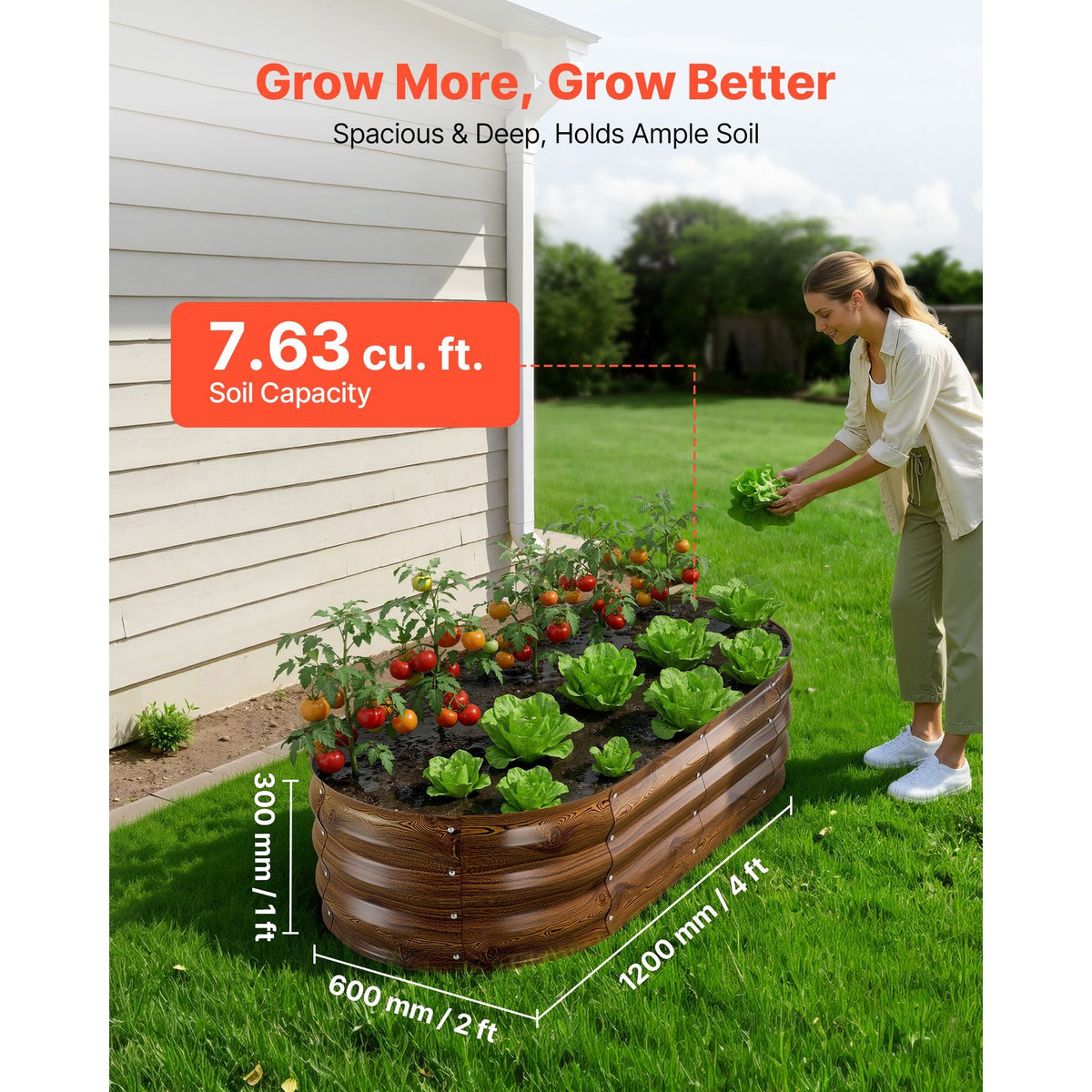 2 Pack Galvanized Raised Garden Beds, 4 x 2 x 1 ft, Oval Metal Planter Boxes Kit Outdoor, Bottomless Elevated Garden Box with Gloves, Alu-Zinc, for Planting Flowers Vegetables, Deep Wood Grain