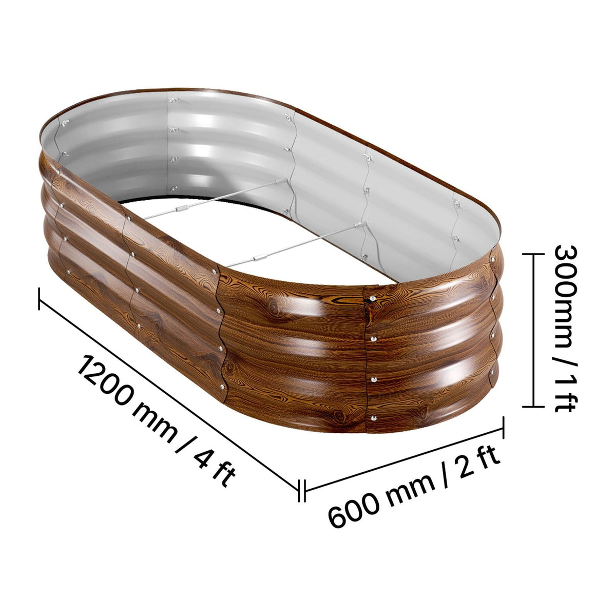 2 Pack Galvanized Raised Garden Beds, 4 x 2 x 1 ft, Oval Metal Planter Boxes Kit Outdoor, Bottomless Elevated Garden Box with Gloves, Alu-Zinc, for Planting Flowers Vegetables, Deep Wood Grain