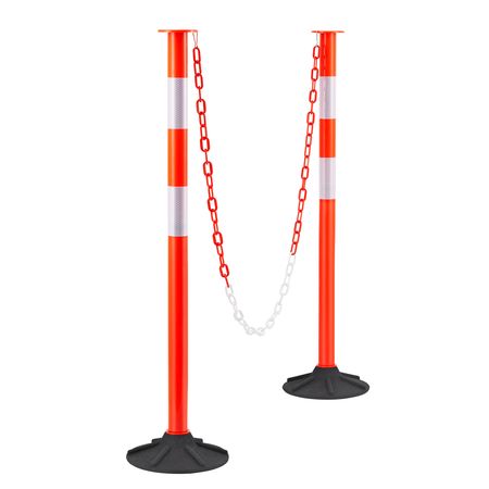 2 Pack Traffic Delineator Posts, 34 in Traffic Safety Cones with Weighted Base, Reflective Strips and Chain, Heavy Duty Delineator Posts for Construction Site, Parking Lot, Crowd Control, Red