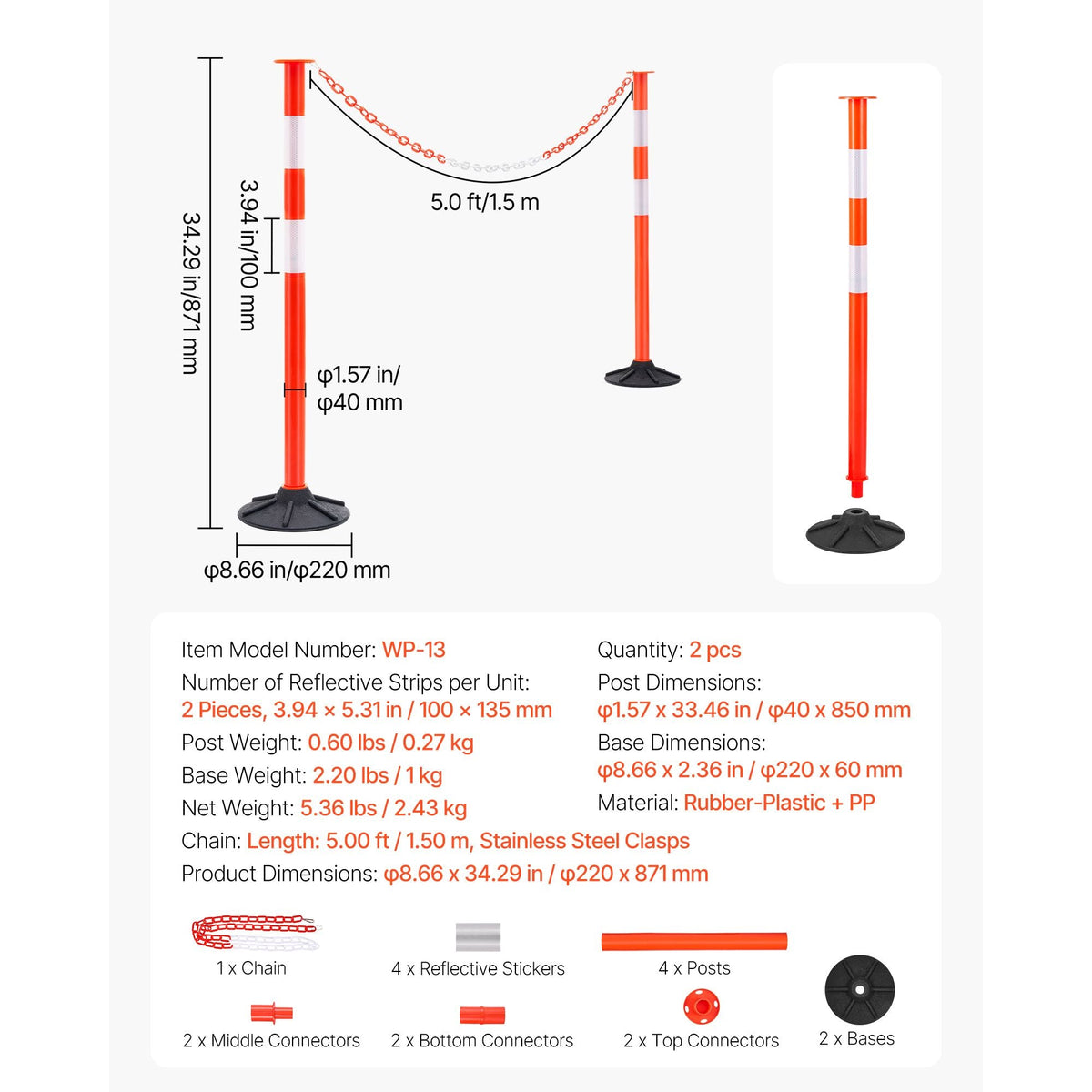 2 Pack Traffic Delineator Posts, 34 in Traffic Safety Cones with Weighted Base, Reflective Strips and Chain, Heavy Duty Delineator Posts for Construction Site, Parking Lot, Crowd Control, Red
