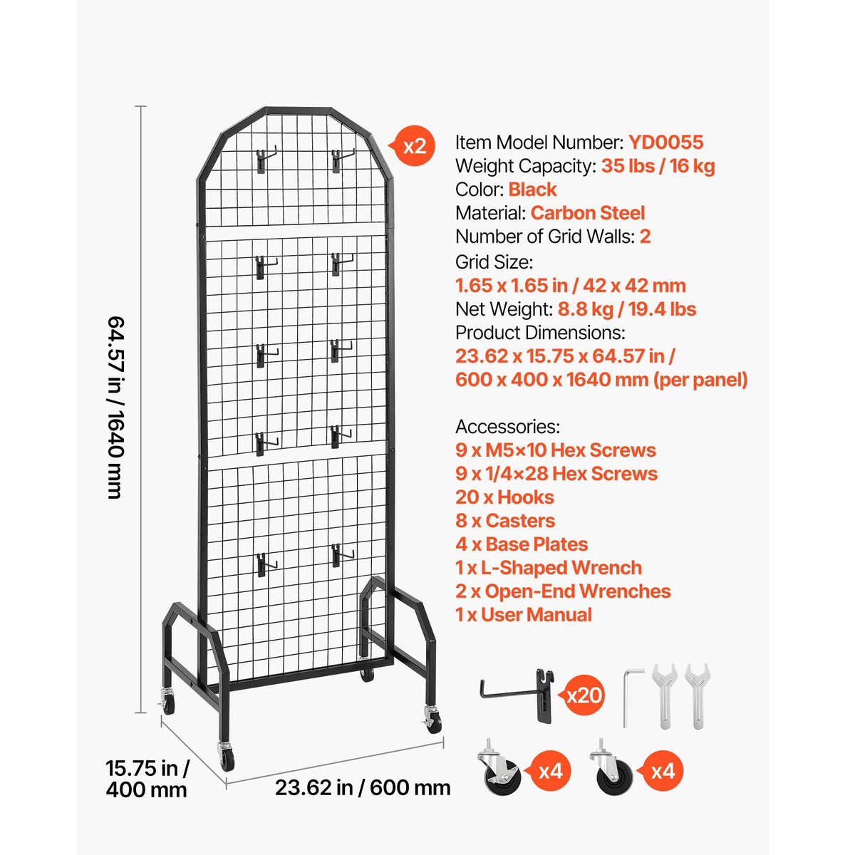 2 Packs Grid Wall Panels, 1.9 x 5.4 ft Wire Grid Panels Display Rack, Movable Art Display Shelf with Wheels and 20 Hooks, Black Carbon Steel Gridwall for Craft Show, Decor, Storage, Notice Board
