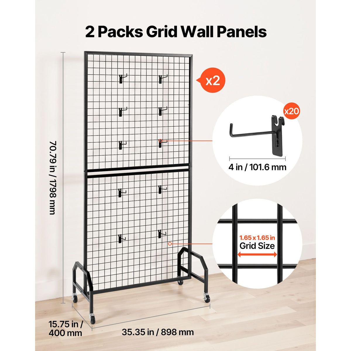 2 Packs Grid Wall Panels, 2.9 x 5.9 ft Wire Grid Panels Display Rack, Movable Art Display Shelf with Wheels and 10 Hooks, Black Carbon Steel Gridwall for Craft Show, Decor, Storage, Notice Board