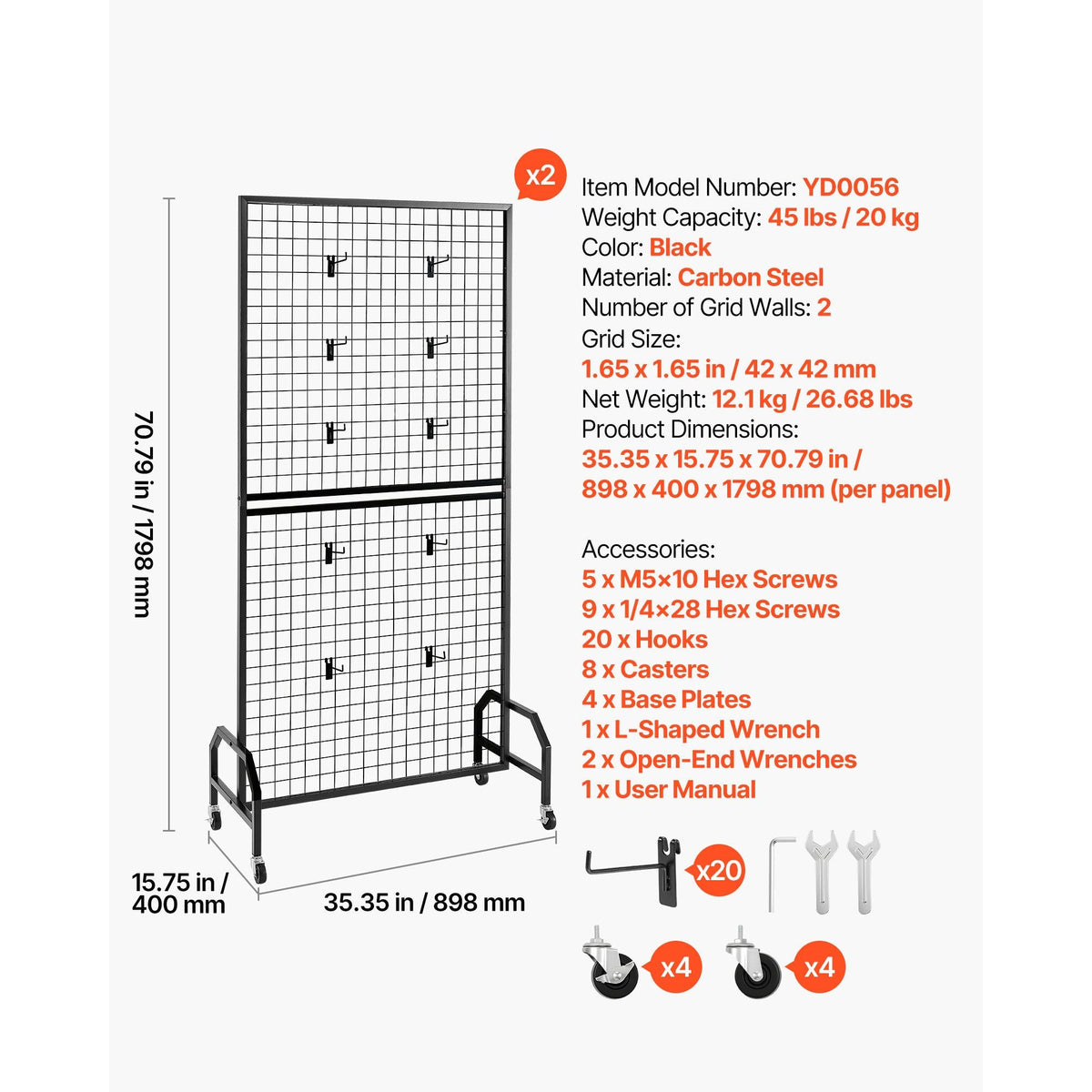 2 Packs Grid Wall Panels, 2.9 x 5.9 ft Wire Grid Panels Display Rack, Movable Art Display Shelf with Wheels and 10 Hooks, Black Carbon Steel Gridwall for Craft Show, Decor, Storage, Notice Board