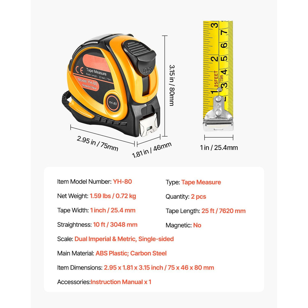 2 Packs Tape Measure 25 ft Length, Measuring Tape with Retractable, Imperial and Metric ft/m Dual-Scale & ABS Case & Easy Read Steel Measurement Tool,for Outdoor,Decoration