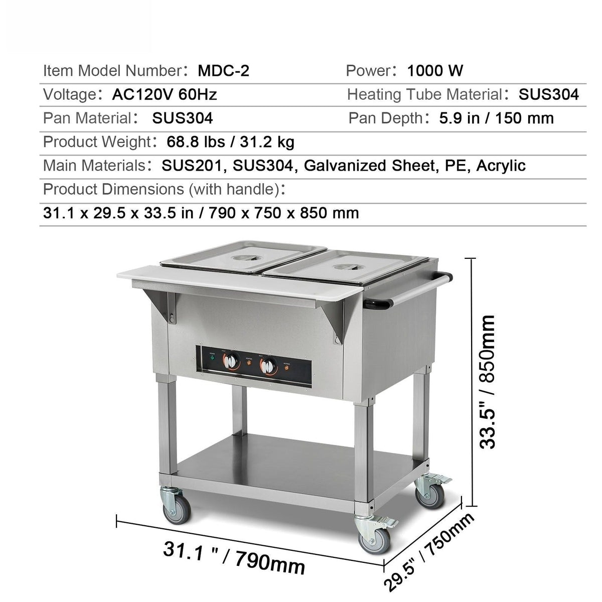 2-Pan Commercial Food Warmer, 2 x 20.6QT Electric Steam Table, 1000W Professional Buffet Catering Food Warmer with 4 Wheels (2 Lockable), Food Grade Stainless Steel Server for Party Restaurant