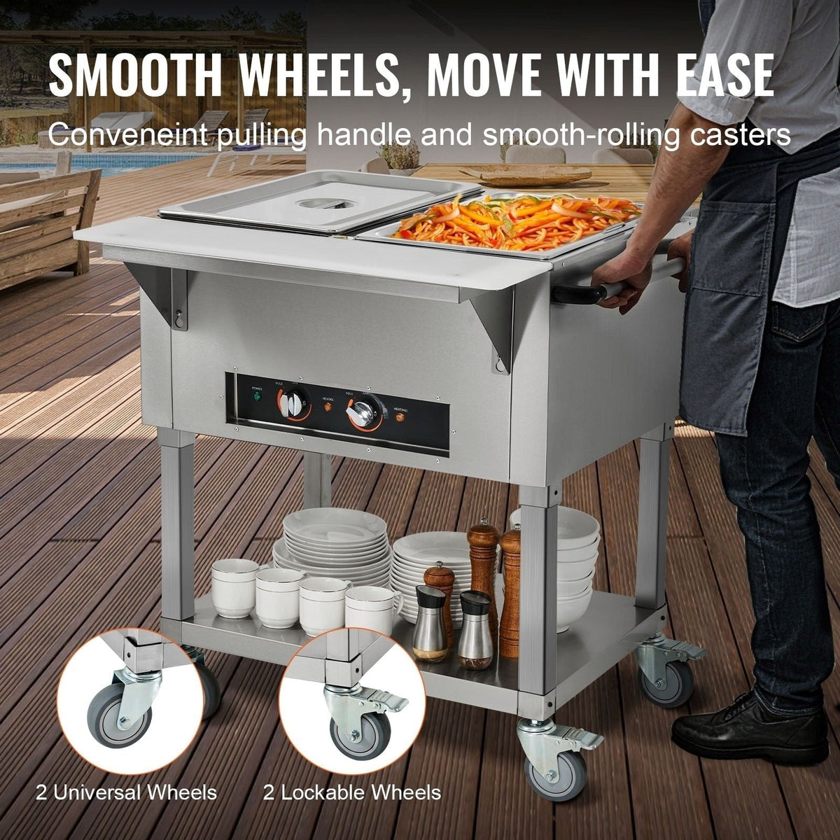 2-Pan Commercial Food Warmer, 2 x 20.6QT Electric Steam Table, 1000W Professional Buffet Catering Food Warmer with 4 Wheels (2 Lockable), Food Grade Stainless Steel Server for Party Restaurant