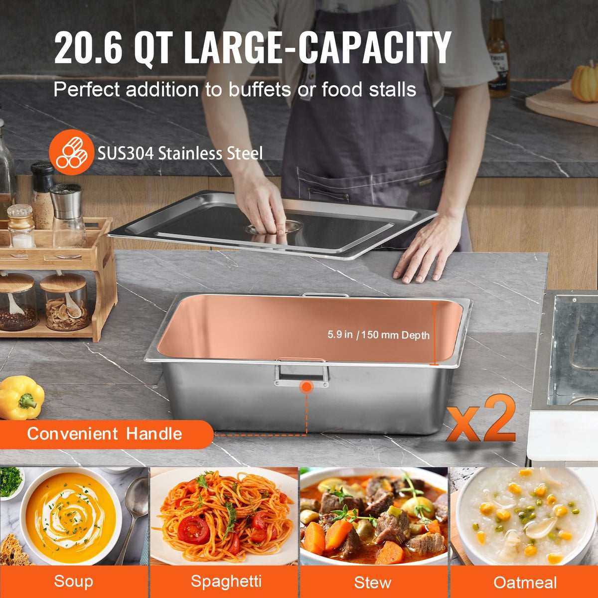 2-Pan Commercial Food Warmer, 2 x 20.6QT Electric Steam Table, 1000W Professional Buffet Catering Food Warmer with 4 Wheels (2 Lockable), Food Grade Stainless Steel Server for Party Restaurant