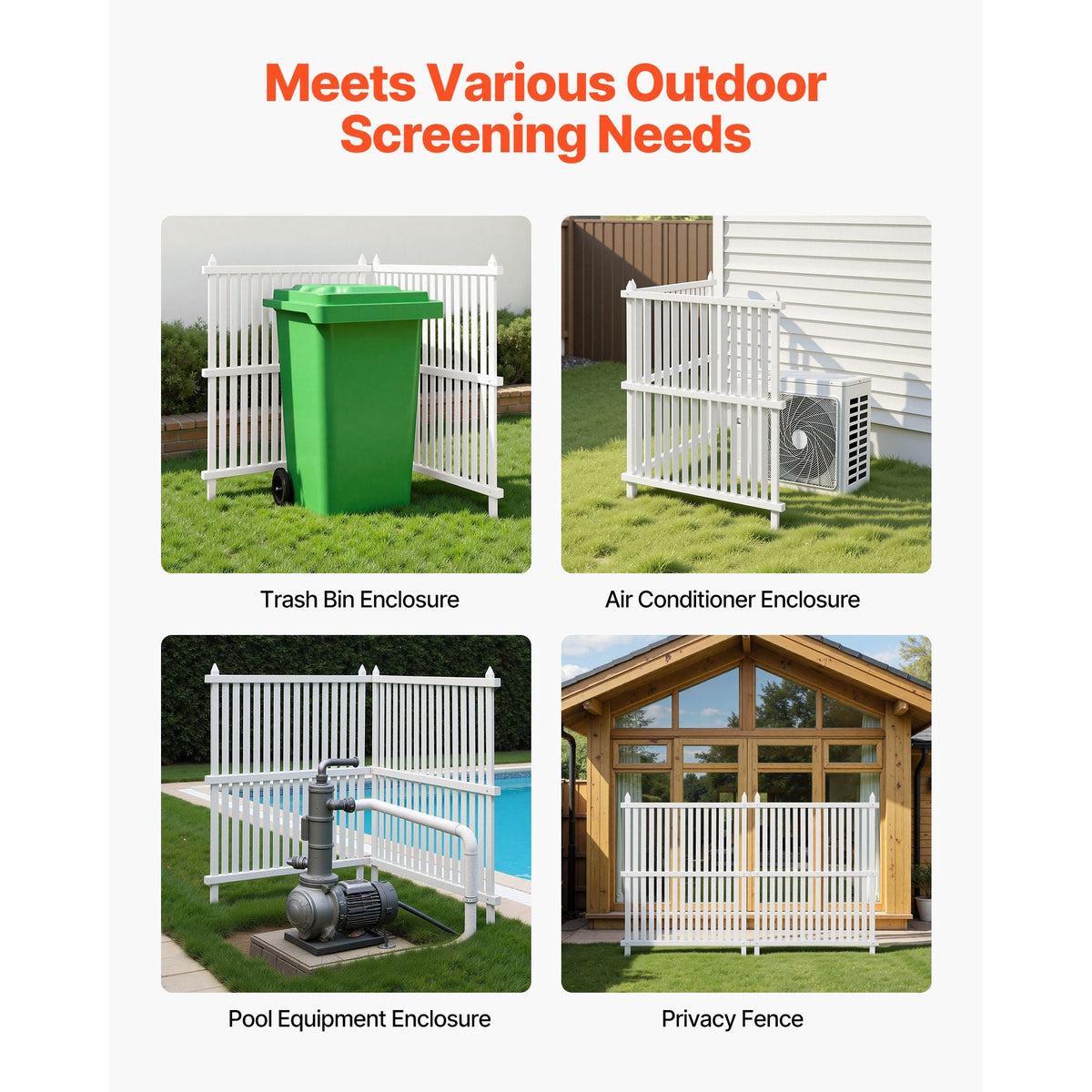 2 Panels Outdoor Privacy Screen, 36 x 45 in Air Conditioner Fence with 19.7 in Ground Stakes, Pool Equipment Enclosure, Strip Vinyl Privacy Fence, Ideal for Trash Can and A/C Units, White