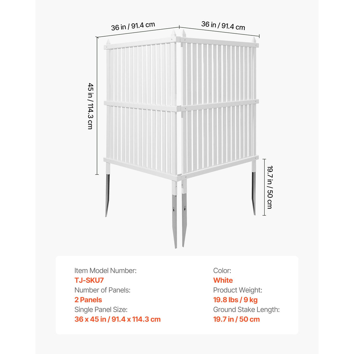 2 Panels Outdoor Privacy Screen, 36 x 45 in Air Conditioner Fence with 19.7 in Ground Stakes, Pool Equipment Enclosure, Strip Vinyl Privacy Fence, Ideal for Trash Can and A/C Units, White