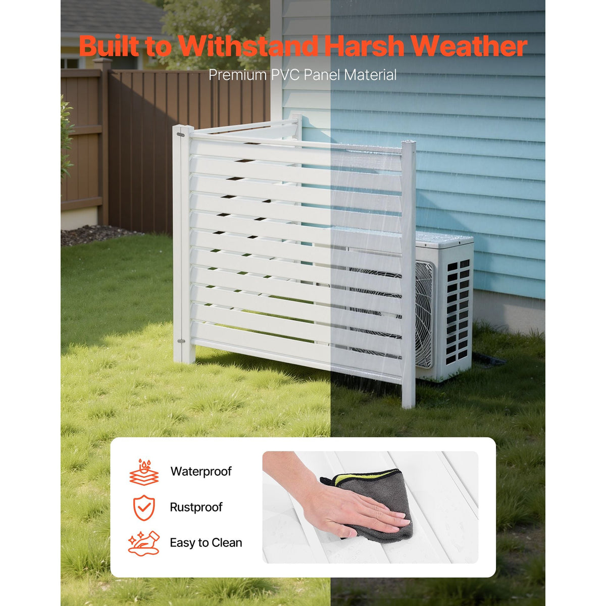 2 Panels Outdoor Privacy Screen, 48 x 48 in Air Conditioner Fence with 19.7 in Ground Stakes, Pool Equipment Enclosure, Louvered Vinyl Privacy Fence, Ideal for Trash Can and A/C Units, White